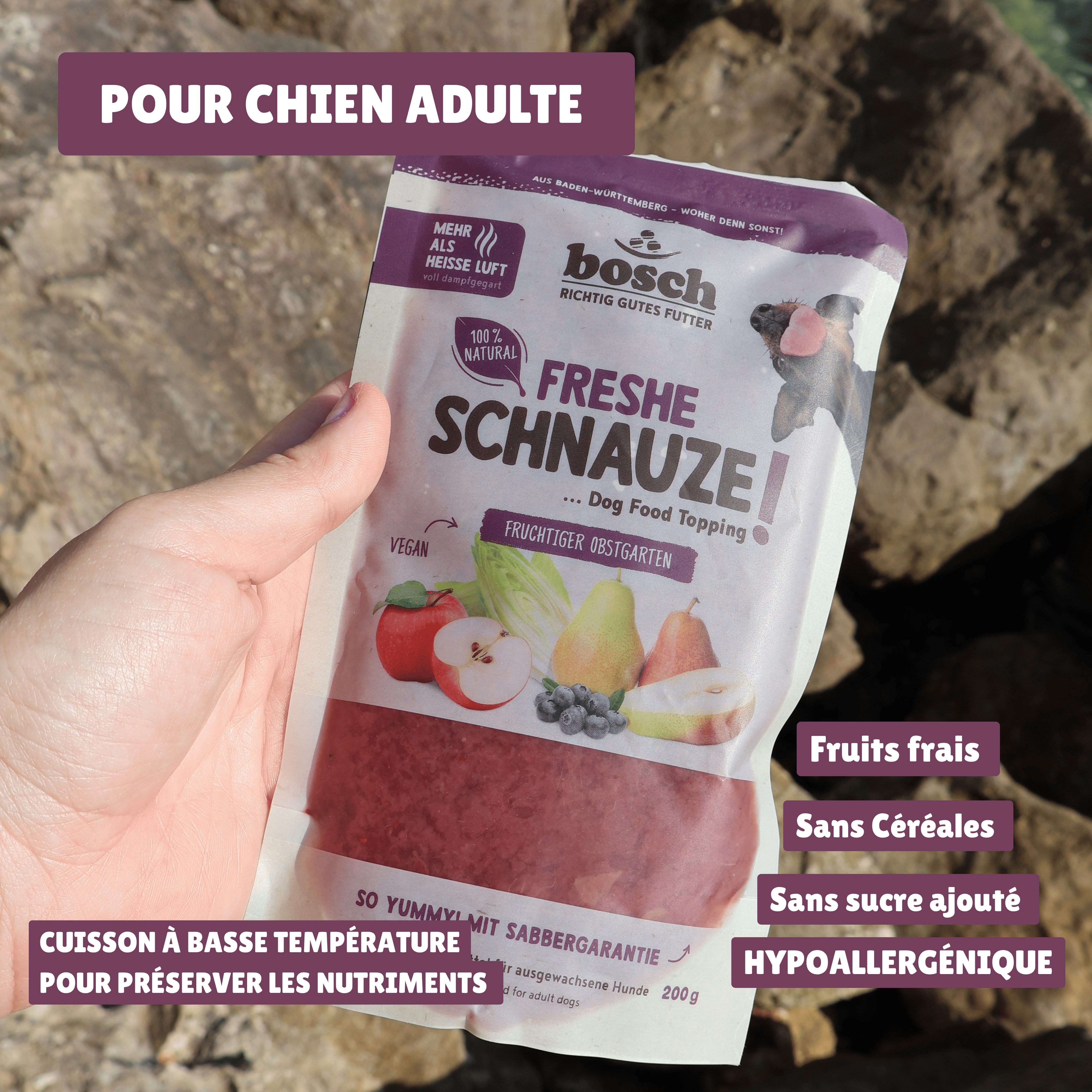 Alimentation pour chien sensible sans gluten et sans allergènes courants.