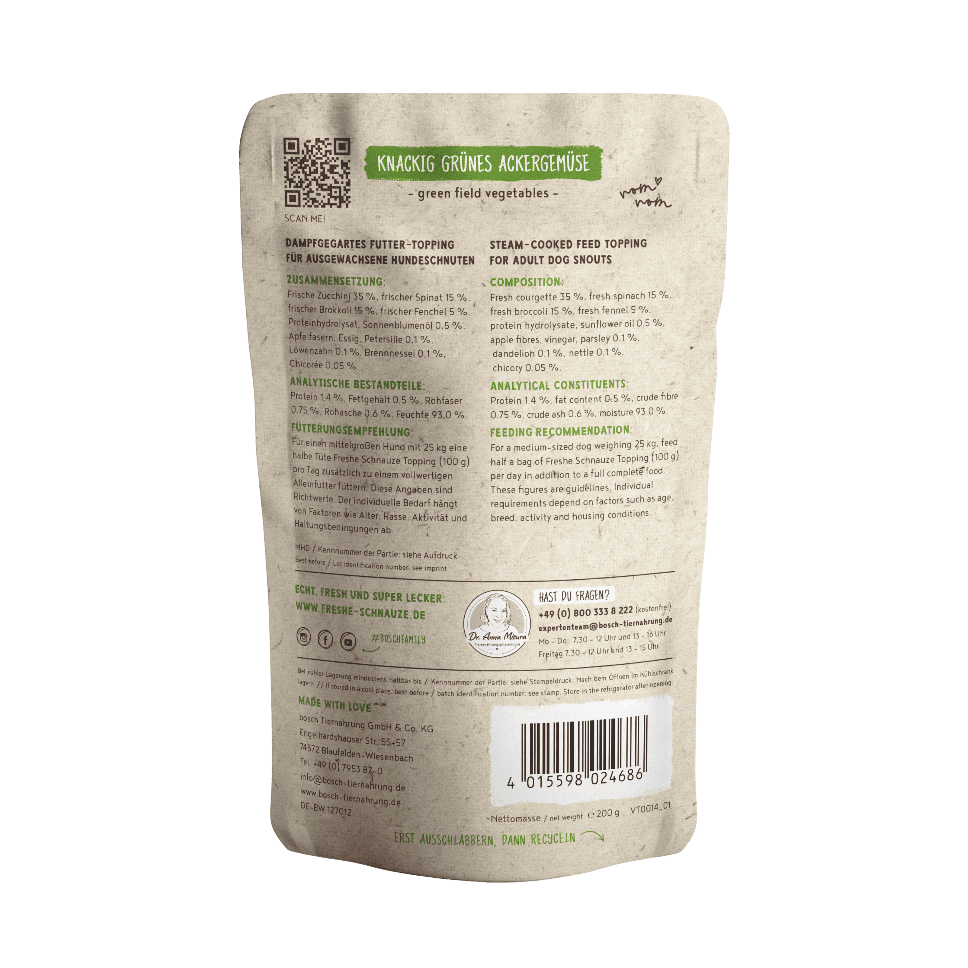 Topping végétarien aux légumes verts pour chien digestif, sans céréales et hypoallergénique.