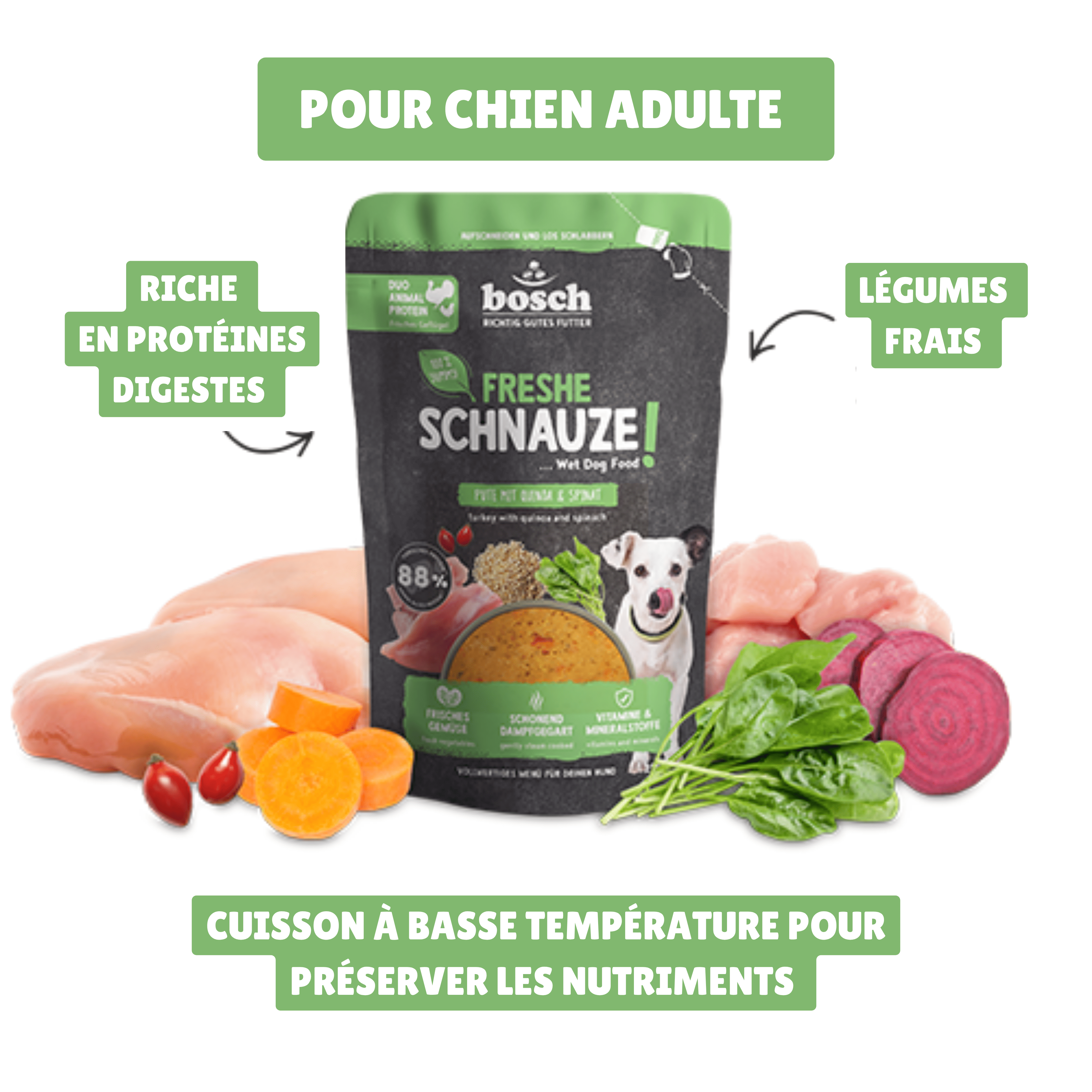 Topping pour chien avec épinards, carottes et betterave fraîche pour une alimentation équilibrée.
