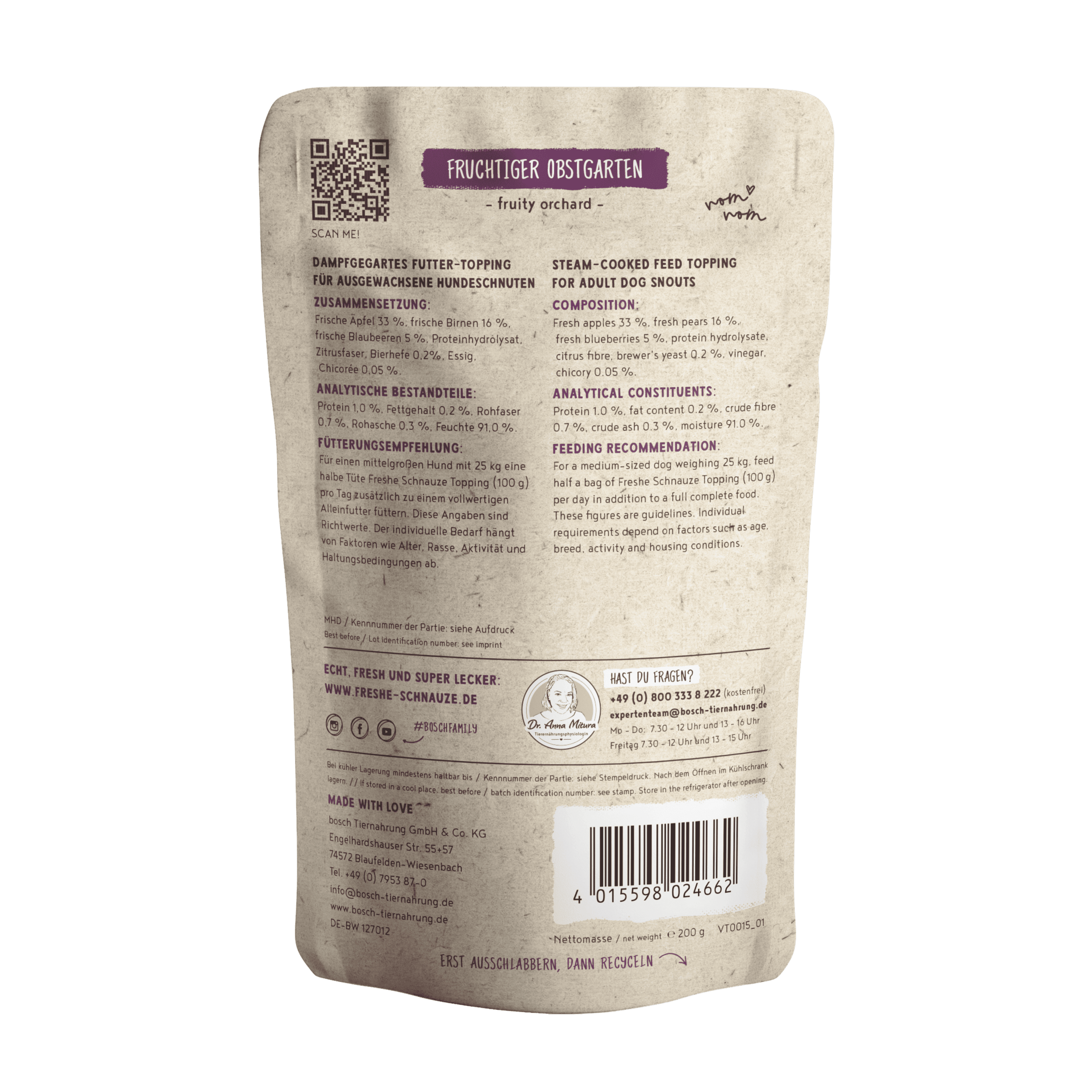 Topping aux fruits pour chien digestif hypoallergénique et vegan.