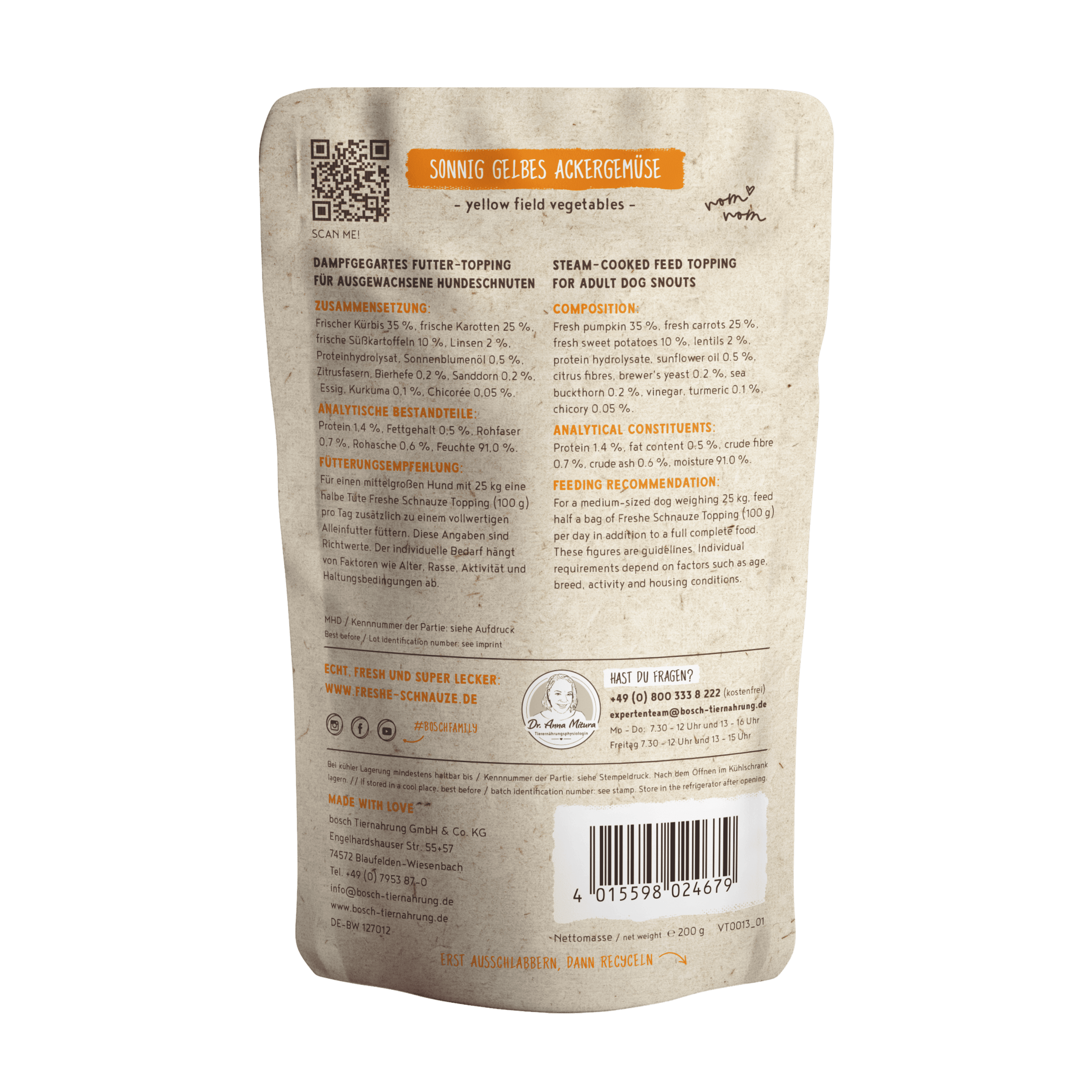 Topping aux légumes pour chien digestif avec patate douce, citrouille et carottes fraîches.