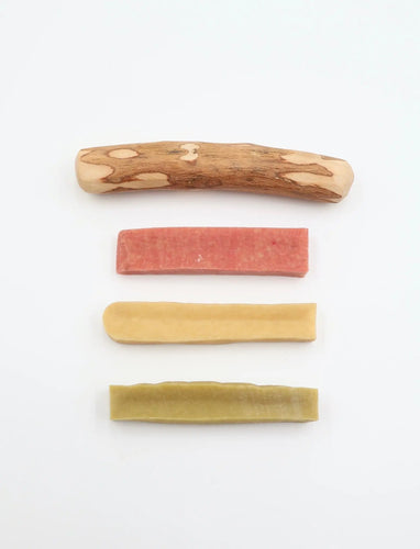 Les bienfaits de la mastication, fromage de yak (nature, fraise, menthe), bois d'olivier, mastication longue durée et 100% naturelle