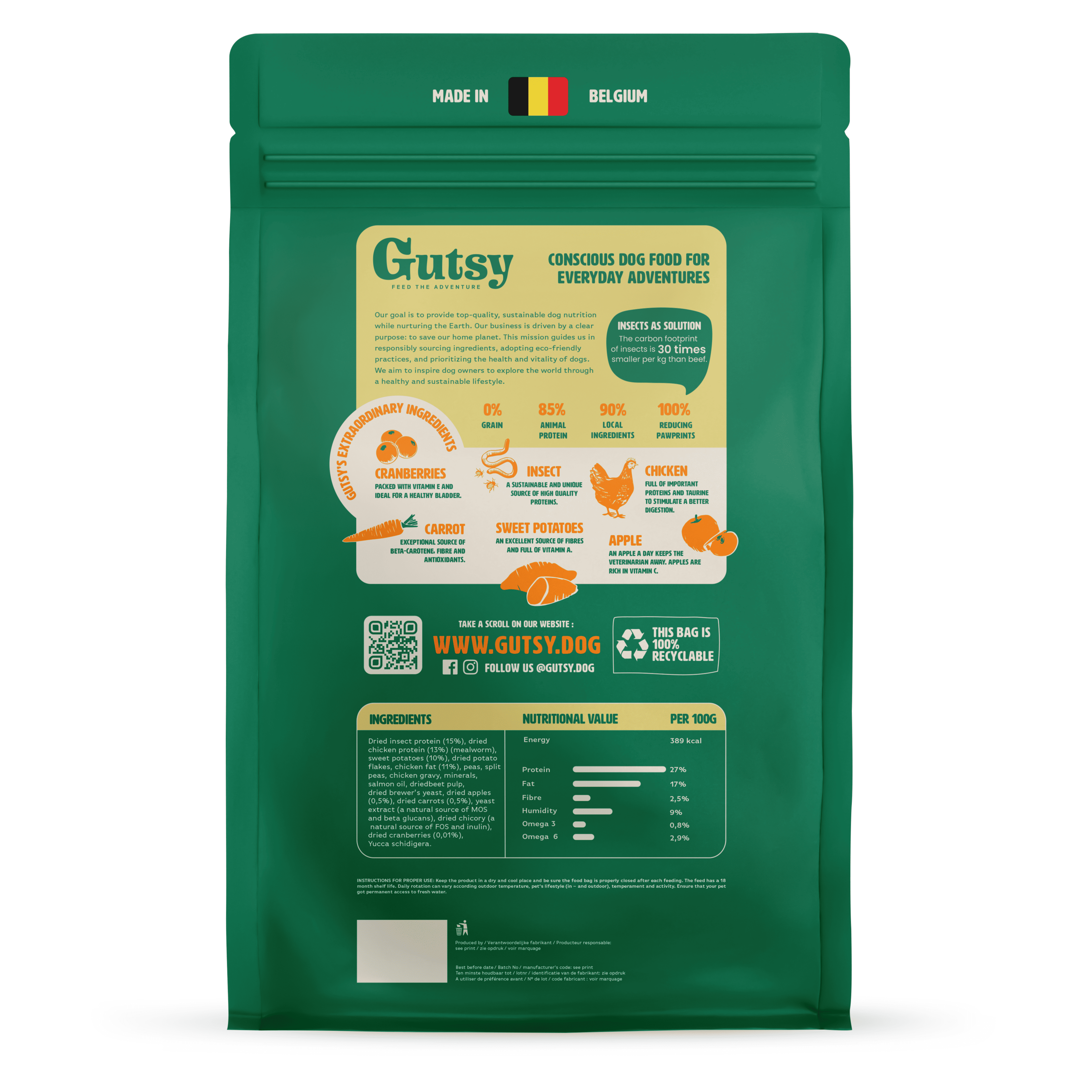 Croquettes aux insectes pour chiens sans céréales et sans gluten.