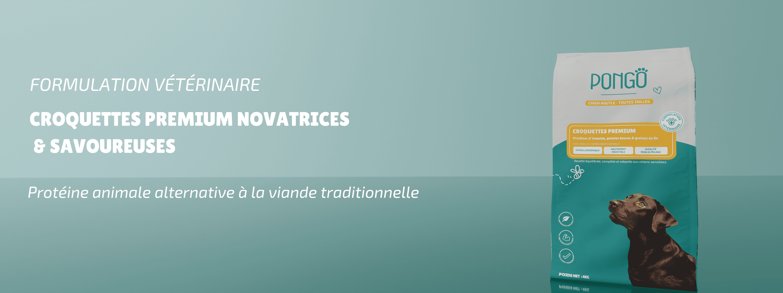 Croquettes pour chien adulte à base de protéine d’insectes et d’ingrédients naturels. 