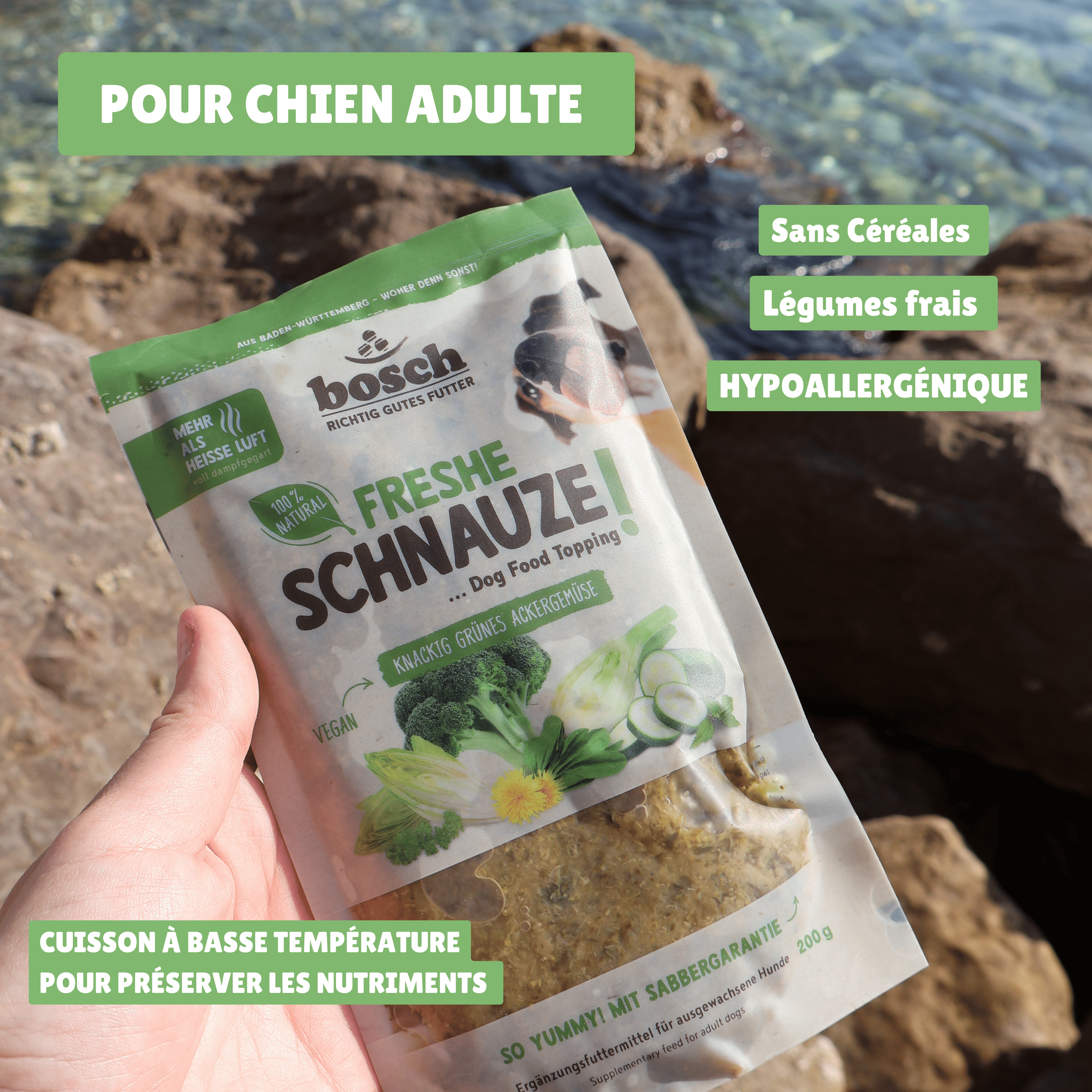 Topping pour chien sensible sans gluten, sans allergènes courants et adaptée aux troubles digestifs.