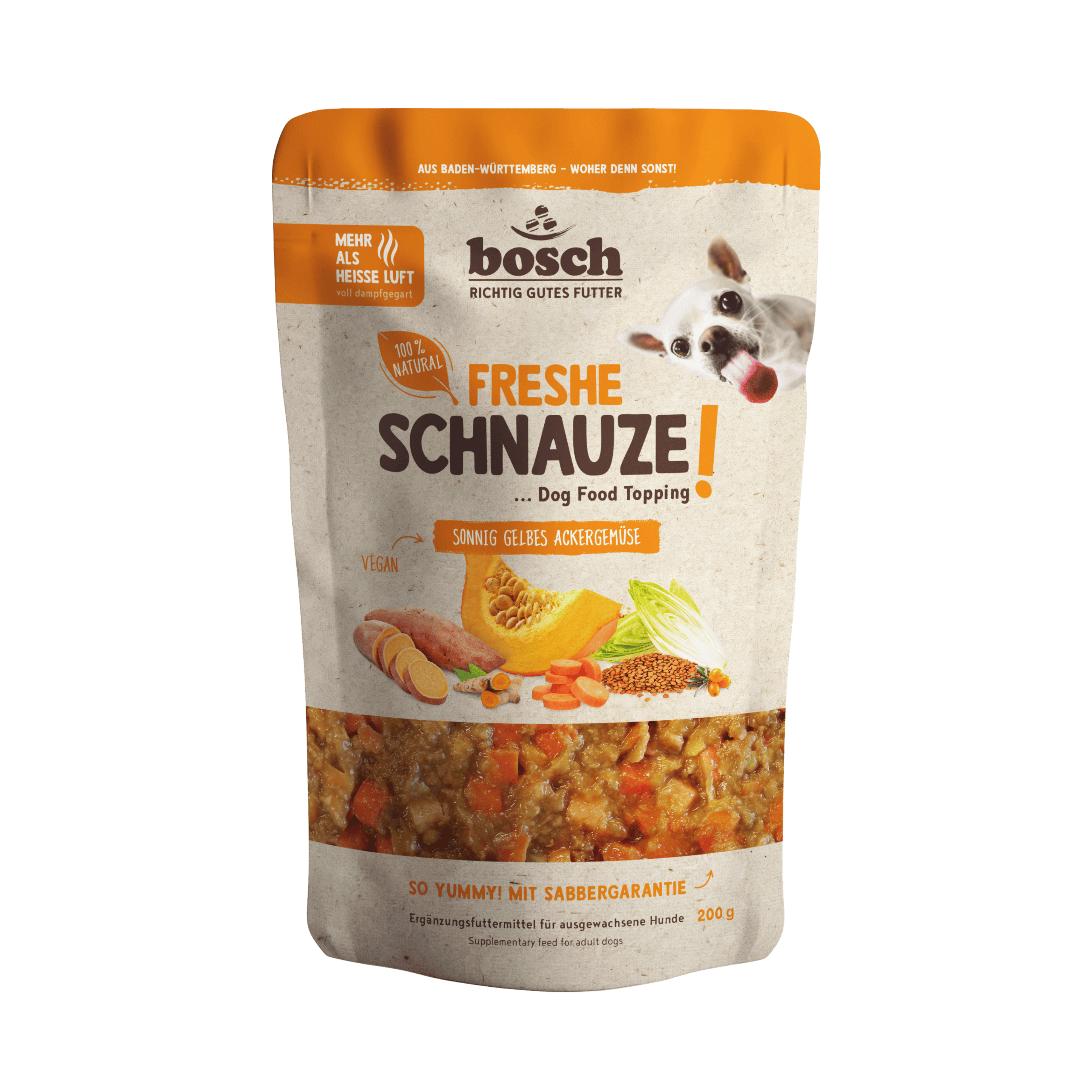 Topping végétarien à la citrouille, carotte et patate douce pour chien sensible et hypoallergénique.