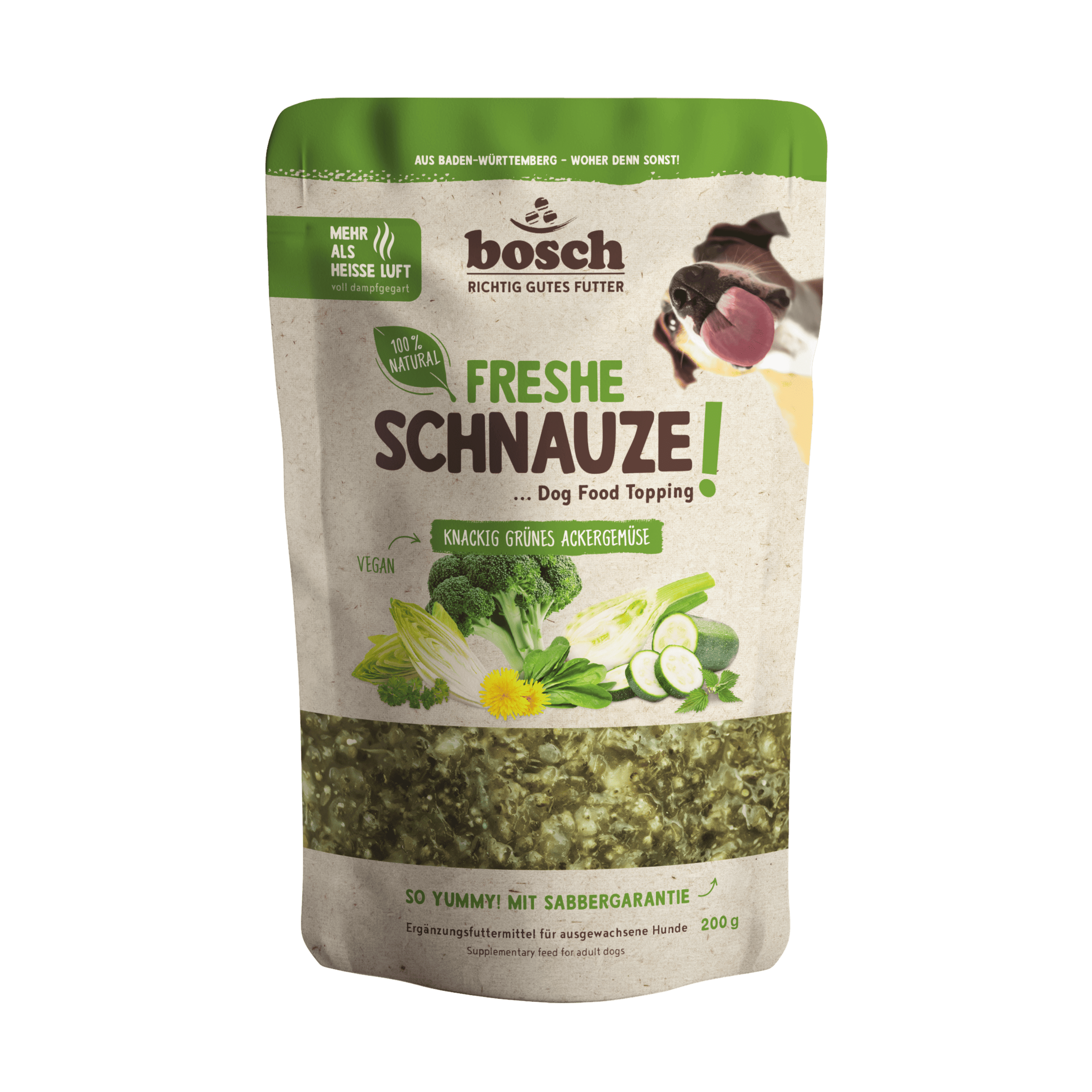 Topping végétarien aux légumes verts pour chien sensible, hypoallergénique et sans céréales pour digestion difficile.